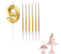 9th Birthday Candle Gold Number 9 Candle for Birthday Cake with Gold Long Candles, Gold 9 Candle for Cake Birthday Cake Topper Decorations for Girls Boys Birthday Wedding Anniversary Party
