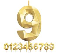 9th Birthday Candles, Number 9 Candle, Gold Birthday Candles for Cake, Diamond 3D Happy Birthday Cake Candle Decorations for Birthday Party Wedding Anniversary Celebration Supplies
