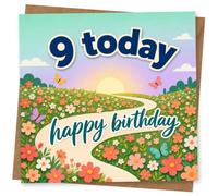 9th Birthday Card, “9 Today” Floral Meadow & Butterflies | Bright 9th birthday design with “9 today” message, sunny sky and a flower-filled meadow with butterflies and winding path.