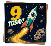 9th Birthday Card, 9th Birthday Card for Kids, Space Rocket Design, 9 Today Message, Fun Outer Space Greeting