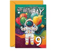 9th Birthday Card Boy - Astronaut Spacesuit - Outer Space Birthday Card for 9 Year Old Girl, Age 9 Boys Girls Cards, A5 Bday Greeting