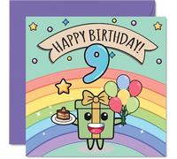 9th Birthday Card, Cute Rainbow Present Balloons Cake