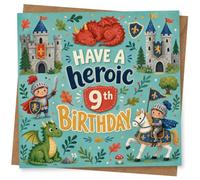 9th Birthday Card for Boy, Red Dragon, Knights & Towers | Playful medieval artwork for a Boy’s 9th: red dragon, castle towers, knights and heroic adventure vibes.