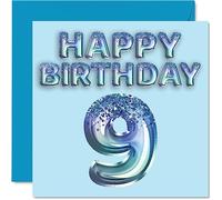 9th Birthday Card for Boys - Blue Glitter Party Balloon - Happy Birthday Cards for 9 Year Old Boy Grandson Son Brother Nephew, 145mm Bday Greeting Cards Gift