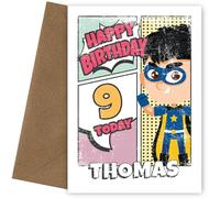 9th Birthday Card for boys - Personalised Birthday Cards when he is 9 Years Old. Comic Book Style Card for a Son, Brother, Nephew, Grandson