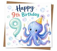 9th Birthday Card for Child, Octopus, Balloons & Candles | Happy 9th Birthday-bright party octopus in a hat with colourful balloons and fun candle details for a child.