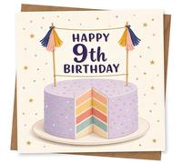 9th Birthday Card for Child, Purple Cake, Bunting & Stars | Bright 9th birthday design for a Child: purple layer cake, party bunting and confetti stars for a big-day message.