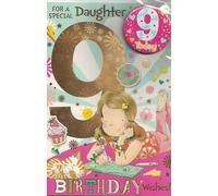 9th Birthday Card for Daughter with Badge, Pink Design with Emoji and Dog Theme