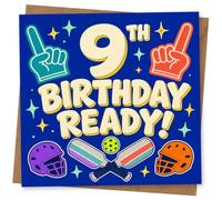 9th Birthday Card for Girl, Foam Fingers & Cricket | “9th Birthday Ready!” on bold blue, with foam fingers, cricket bats, ball and helmets-sporty fun for a 9th girl.