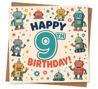 9th Birthday Card for Girl, Retro Robots, Stars & Confetti | Bright “HAPPY 9th BIRTHDAY!” with playful retro robots, colourful stars, cogs and confetti for a 9th birthday girl.