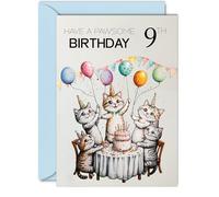 9th Birthday Card for Girls Boys - Pawsome Party Cats Balloons - Happy Birthday Cards for 9 Year Old Girl Boy, A5 Cat Bday Greeting Cards
