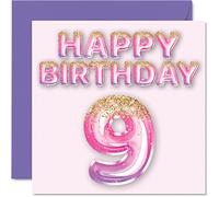 9th Birthday Card for Girls - Pink & Purple Glitter Balloons - Happy Birthday Cards for 9 Year Old Girl Daughter Sister Granddaughter Cousin, 145mm Bday Greeting Cards Gift