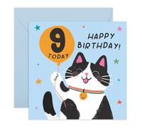 9th Birthday Card for Kids - Cute Cat with Balloon - Fun & Colourful Card for Daughter, Son, Niece, Nephew, Granddaughter, Grandson, Boys, Girls, Children - Nine Years Old - Comes with Stickers