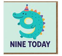 9th Birthday Card for Kids - Cute Dinosaur Crocodile Design with Party Hat - Nine Today - Children's Age 9 Card for Boy or Girl
