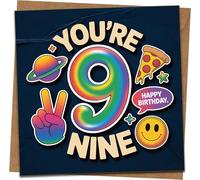 9th Birthday Card for Kids - You’re 9 Rainbow Sticker Style - Fun Icons Pizza Planet Peace Smiling - 145mm x 145mm - Includes Kraft Envelope