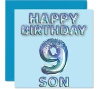 9th Birthday Card for Son - Blue Glitter Party Balloons - Happy Birthday Cards for 9 Year Old Son from Mum Dad Parents, 145mm Bday Greeting Cards Gift