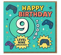 9th Birthday Card - Gaming Theme with Controllers - Happy Birthday 9 Today, Level Nine Unlocked - Fun Gamer Kids Card