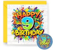 9th Birthday Card Gift and 9 Today Badge for Boys and Girls - Graffiti Style Design - 9 Today Badge - Happy 9 Years Old Birthday Greeting Card - with Vibrant Yellow Envelope - Size 14cm 59mm