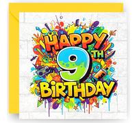 9th Birthday Card Gift for Boys and Girls - Graffiti Style Design - Happy 9 Years Old Birthday Greeting Card - with Vibrant Yellow Envelope - Size 14cm