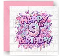 9th Birthday Card Gift for Girls - Daughter Granddaughter - Graffiti Style Design - Happy 9 Years Old Birthday Greeting Card - with Vibrant Pink Envelope - Size 14cm