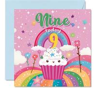 9th Birthday Card Girl - Cupcake Rainbow - Happy Birthday Card for 9 Year Old Girl, Age 9 Girls Cards, 145mm Bday Greeting