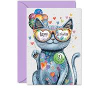 9th Birthday Card Girl, Purrfect Cat Balloons