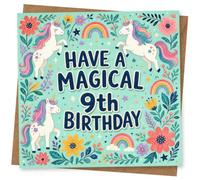 9th Birthday Card, Have a Magical, Unicorns & Rainbows | Front says “Have A Magical 9th Birthday” on teal, with three unicorns, rainbow arches, stars and bright flowers.