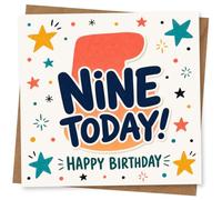 9th Birthday Card, NINE TODAY! Bold Stars and Doodles | Celebrate a 9th with big “NINE TODAY!” and “HAPPY BIRTHDAY”, surrounded by colourful stars, dots and playful doodles.