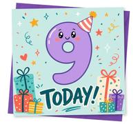 9th Birthday Card, Number 9, '9 TODAY!', Gifts & Confetti | Playful 9th birthday front shows a bright number 9 with party hat, gift boxes and confetti, finished with “9 TODAY!”.
