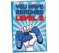 9th Birthday Card, You Have Reached Level 9, Greeting Card for Nine Year Old Gamer Boys or Girls, Birthday Gift for Gaming Son or Daughter, Grandson Granddaughter, Blue