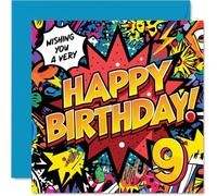 9th Birthday Cards for Boys Girls - Comic Book Pow! - Happy Birthday Card for 9 Year Old Boy Girl Cousin Niece Sister Brother, 145mm Bday Greeting Cards