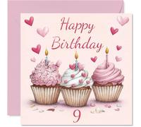 9th Birthday Cards for Boys Girls - Pink Cupcakes - Happy Birthday Card for 9 Year Old Boy Girl Granddaughter Daughter Cousin Brother, 145mm Bday Greeting Cards