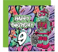 9th Birthday Cards for Boys - Wicked Graffiti Robot - Happy Birthday Card for 9 Year Old Boy Step Son Grandson Son Nephew, 145mm Bday Greeting Cards