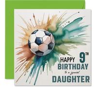 9th Birthday Cards for Daughter - Watercolour Football Splash - Happy Birthday Card for 9 Year Old Daughter from Dad Mum, 145mm Bday Greeting Cards