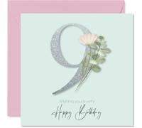 9th Birthday Cards for Girls - Fancy Floral Flowers - Happy Birthday Card for 9 Year Old Girl Step Daughter Cousin Niece Daughter, 145mm Bday Greeting Cards