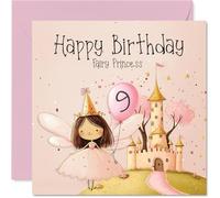 9th Birthday Cards for Girls, Pink Fairy Princess | Happy Birthday Card for 9 Year Old Girl Step Daughter Daughter Great Niece Cousin, 145mm Bday Greeting Cards
