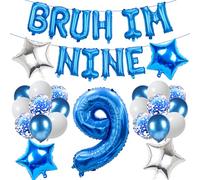 9th Birthday Decoration Balloon Boys - 33 PC Blue Bruh I'm Nine Banner Set | Bruh I'm Nine Letter Banners Number 9 Star Foil Latex Balloons for Boy Happy Birthday Celebration Party Decor
