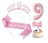 9th Birthday Decoration Sets for Girl,Including Sash and Headband,Candle,Cake Topper, Foil Balloon for Girl's Birthday Gift Party Decor Supplies (Pink 9th)