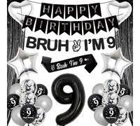 9th Birthday Decorations Balloons Banner - 27 Pcs Boys Black Silver Happy Birthday Banner Decorations Bruh I'M 9 Banners Backdrop Curtain Foil Balloons for 9 Year Old Boy Party Decor Supplies