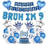 9th Birthday Decorations Balloons Boy - 33 Pcs Blue Silver Bruh Im 9 Banner Fishtail Flag Star Crown Foil Balloons Cake Topper Set for Boys 9 Year Old Birthday Party Decor Supplies