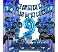 9th Birthday Decorations Banner Balloons - 109Pcs Video Game Party Supplies Set Include Fringe Curtain, Happy Birthday Cake Toppes Napkins Tablecloth Tableware for 9 Years Old Boys Kids