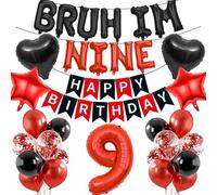 9th Birthday Decorations Banners Boy - 34 Pcs Black and Red Birthday Set | Banner BRUH I'M NINE Star Heart Number 9 Foil Balloons Decoration Sequin Balloons for 9 Years Old Boys Party Decor Supplies