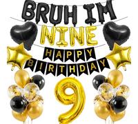 9th Birthday Decorations Banners Boy - 34 Pcs Black Gold Happy Birthday Banner BRUH I'M NINE Star Heart Number 9 Foil Balloons Decoration Sequin Balloons for 9 Years Old Boys Party Decor Supplies