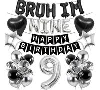 9th Birthday Decorations Banners Boy - 34 Pcs Black Silver Happy Birthday Banner BRUH I'M NINE Star Heart Number 9 Foil Balloons Decoration Sequin Balloons for 9 Years Old Boys Party Decor Supplies