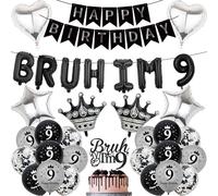 9th Birthday Decorations Banners Boys - 33 Pcs Black and Silver Happy Birthday Banner Bruh I'M 9 Star Heart Crown Foil Balloons Cake Topper Sequin Balloons for 9 Years Old Boy Party Decor Supplie