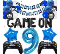 9th Birthday Decorations for Boys - 50 Pieces Video Game Party Supplies, Blue Happy Birthday Banner Gaming Controller Foil and Latex Balloons, 9 Year Old Gamer Birthday Party Decor