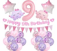 9th Birthday Decorations for Girls - 27 Pcs Pink Purple Happy 9th Birthday Banner Triangular Flag Cloud Balloons Gradient Star Balloons Number 9 Balloon Set for 9 Years Old Party Decoration Supplies