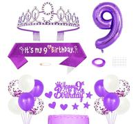 9th Birthday Decorations for Girls, Princess Crown Queen Tiara, It's My 9th Birthday Sash, 9 Year old Cake Topper, Number Balloons Set for Party Supplies, Purple
