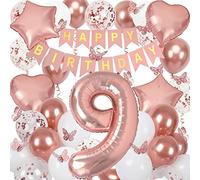 9th Birthday Decorations for Girls, Rose Gold 40 Inch Age 9 Foil Balloons with Happy Birthday Banner and Butterfly Stickers, for Baby Shower, Girls Women Party Decorations