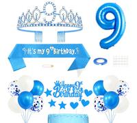 9th Birthday Decorations for Women, Princess Crown Queen Tiara, It's My 9th Birthday Sash, 9 Year old Birthday Cake Topper Number Balloons Set for Party Supplies, Blue